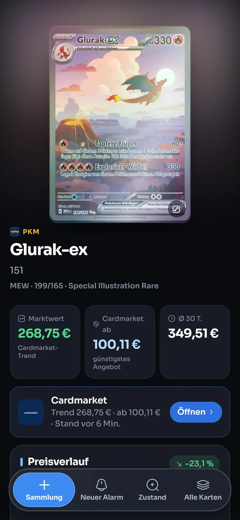 Kartenseite: Glurak-ex mit Marktwert und Cardmarket-Preis