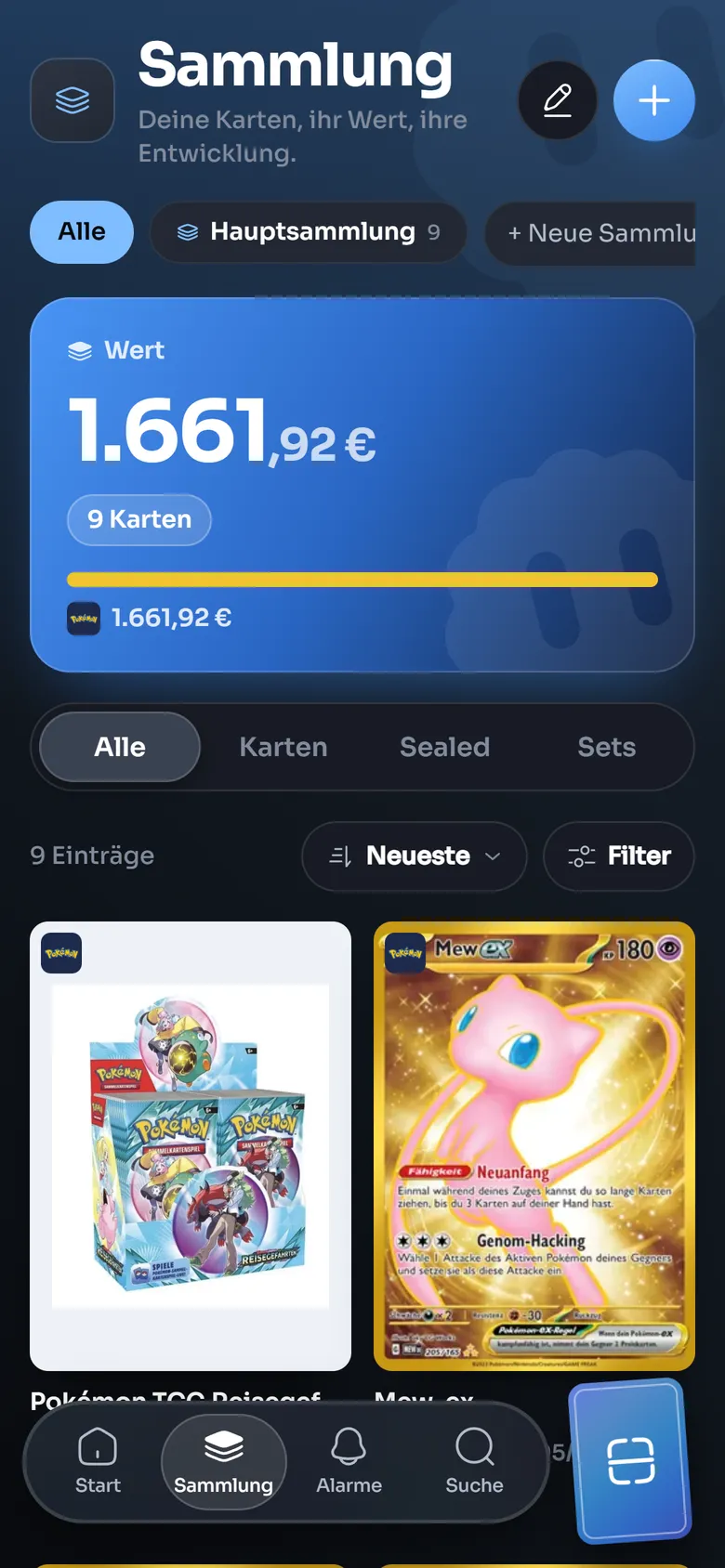 Sammlung mit Gesamtwert und Karten