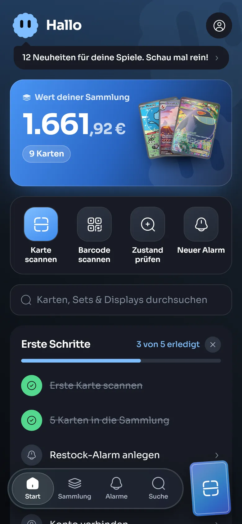 Startseite von Lio TCG mit dem Wert der Sammlung