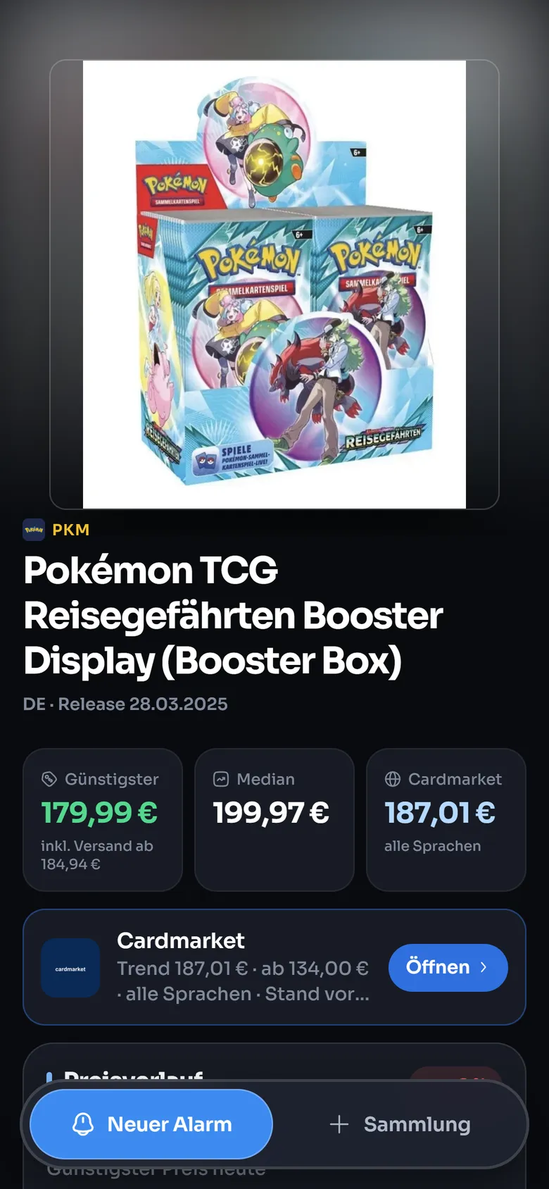 Produktseite: Booster Display mit günstigstem Preis, Median und Cardmarket